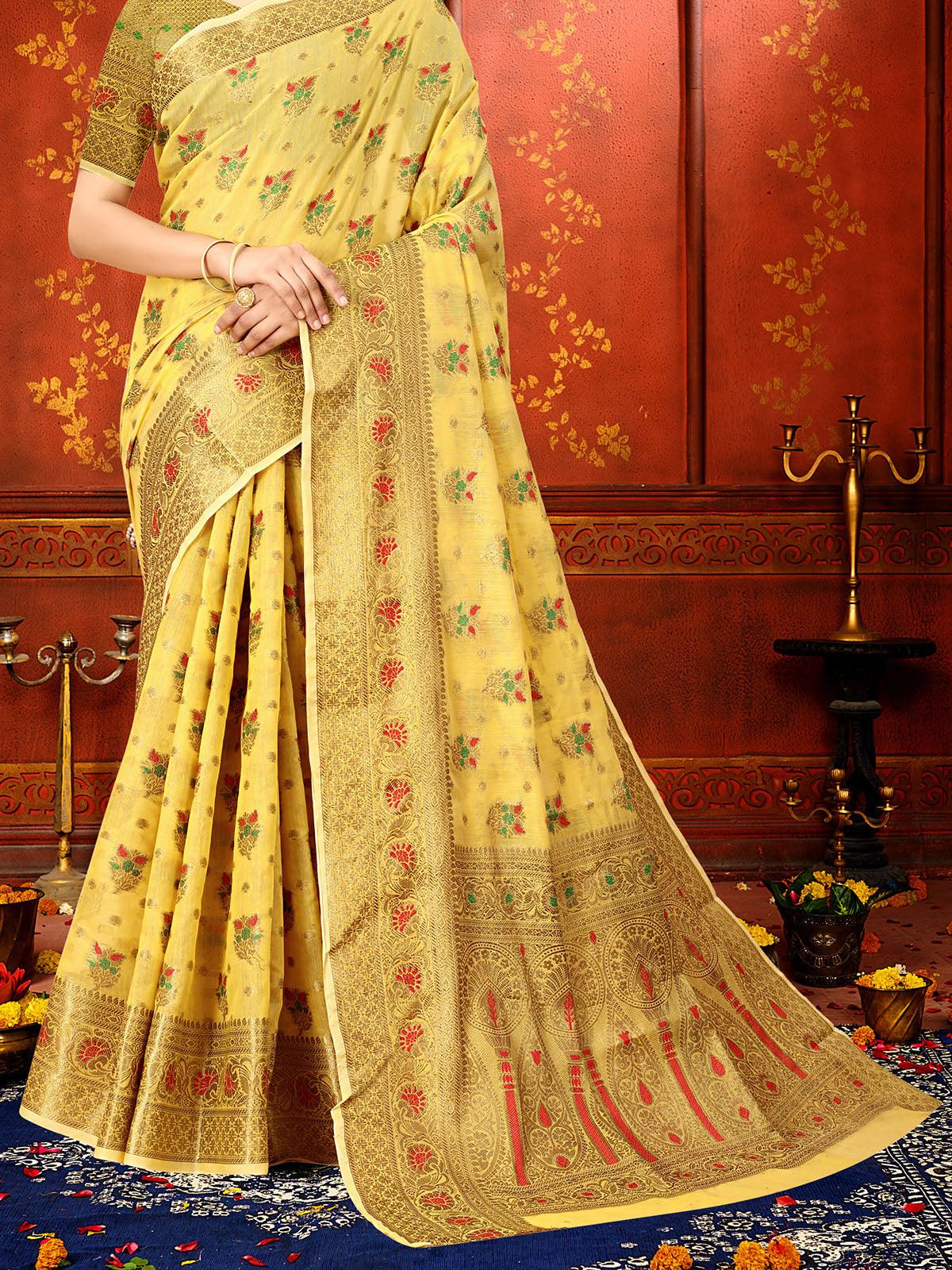 Women's Yellow Soft Cotton Silk Heavy Copper Zari Weave Designer Saree - Odette