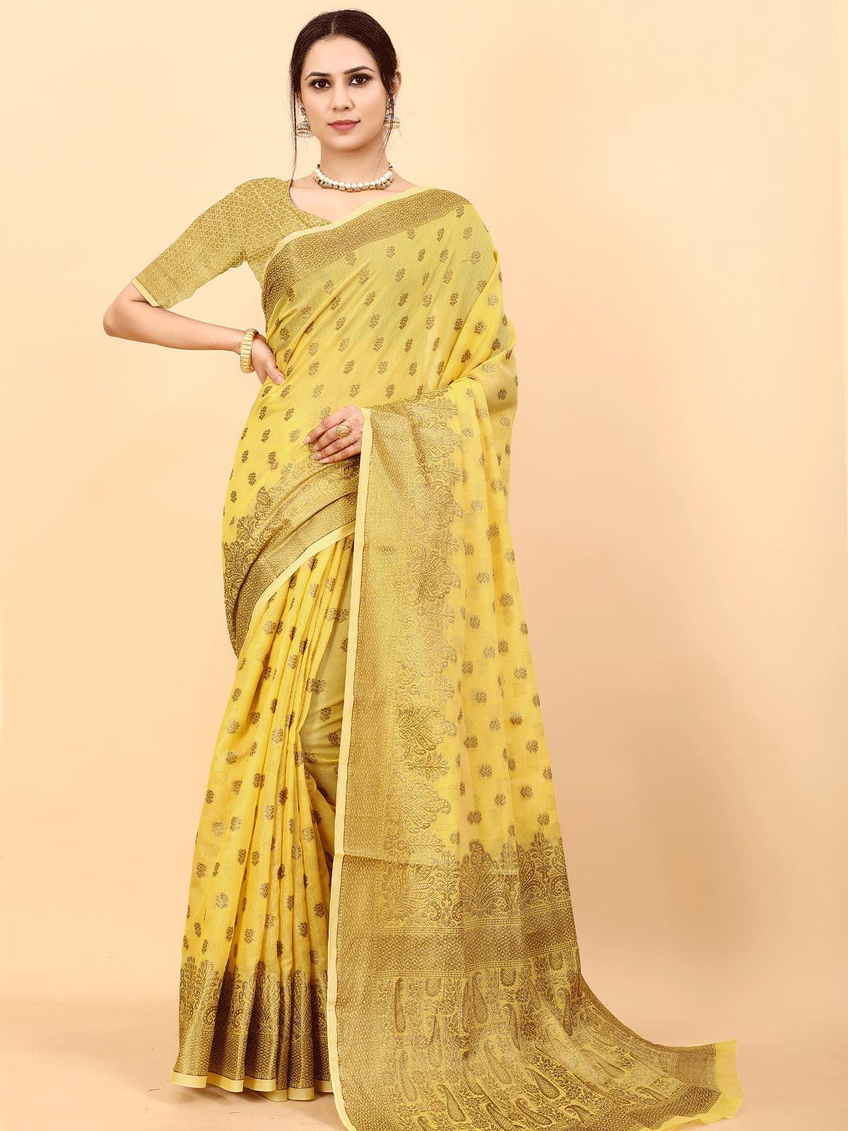 Women's Yellow Soft Cotton Slub Heavy Jari Wevon Designer Saree - Odette