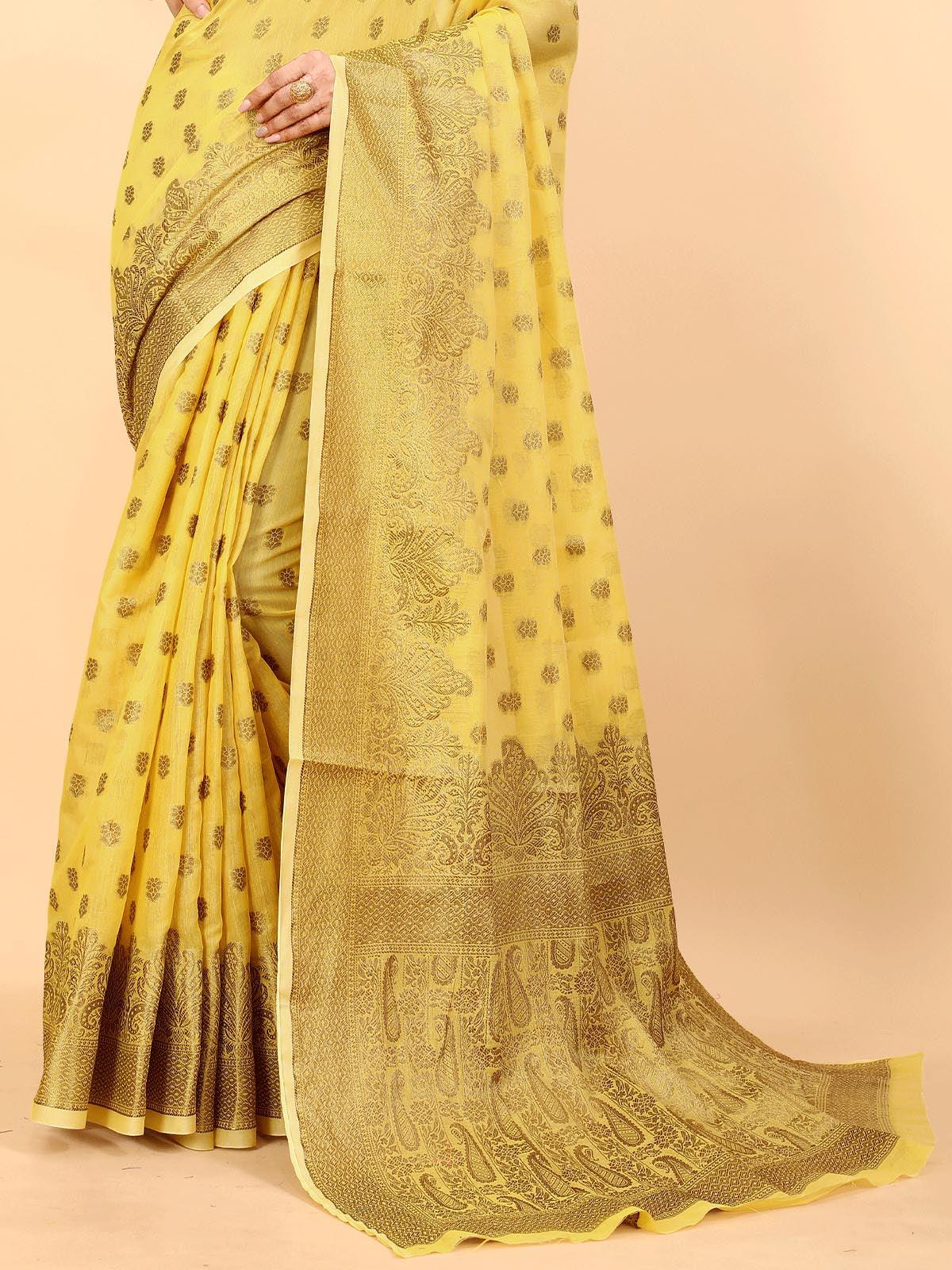 Women's Yellow Soft Cotton Slub Heavy Jari Wevon Designer Saree - Odette