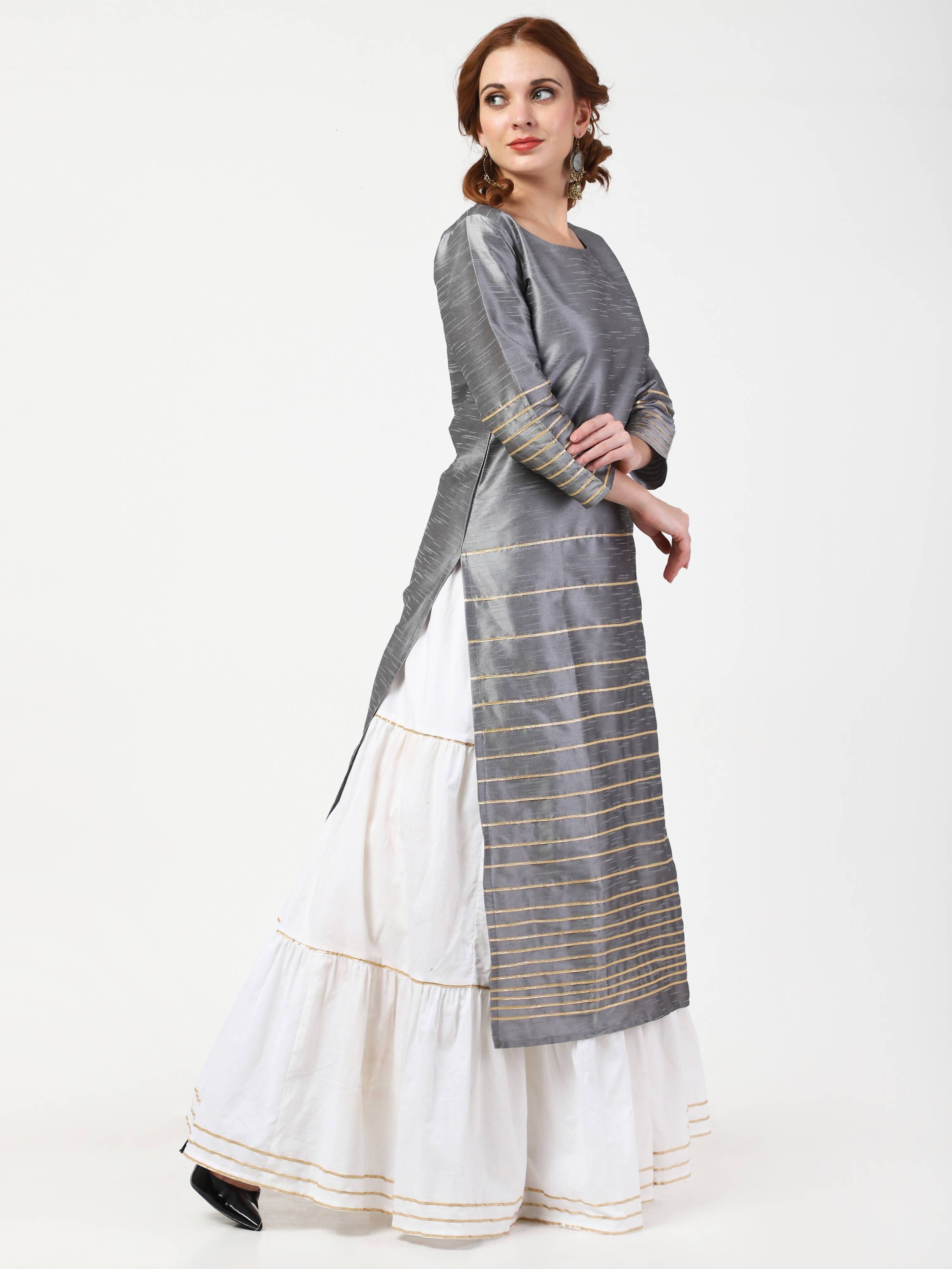 Women's Grey & White Kurta With Skirt & Embroidered Dupatta Set - Cheera