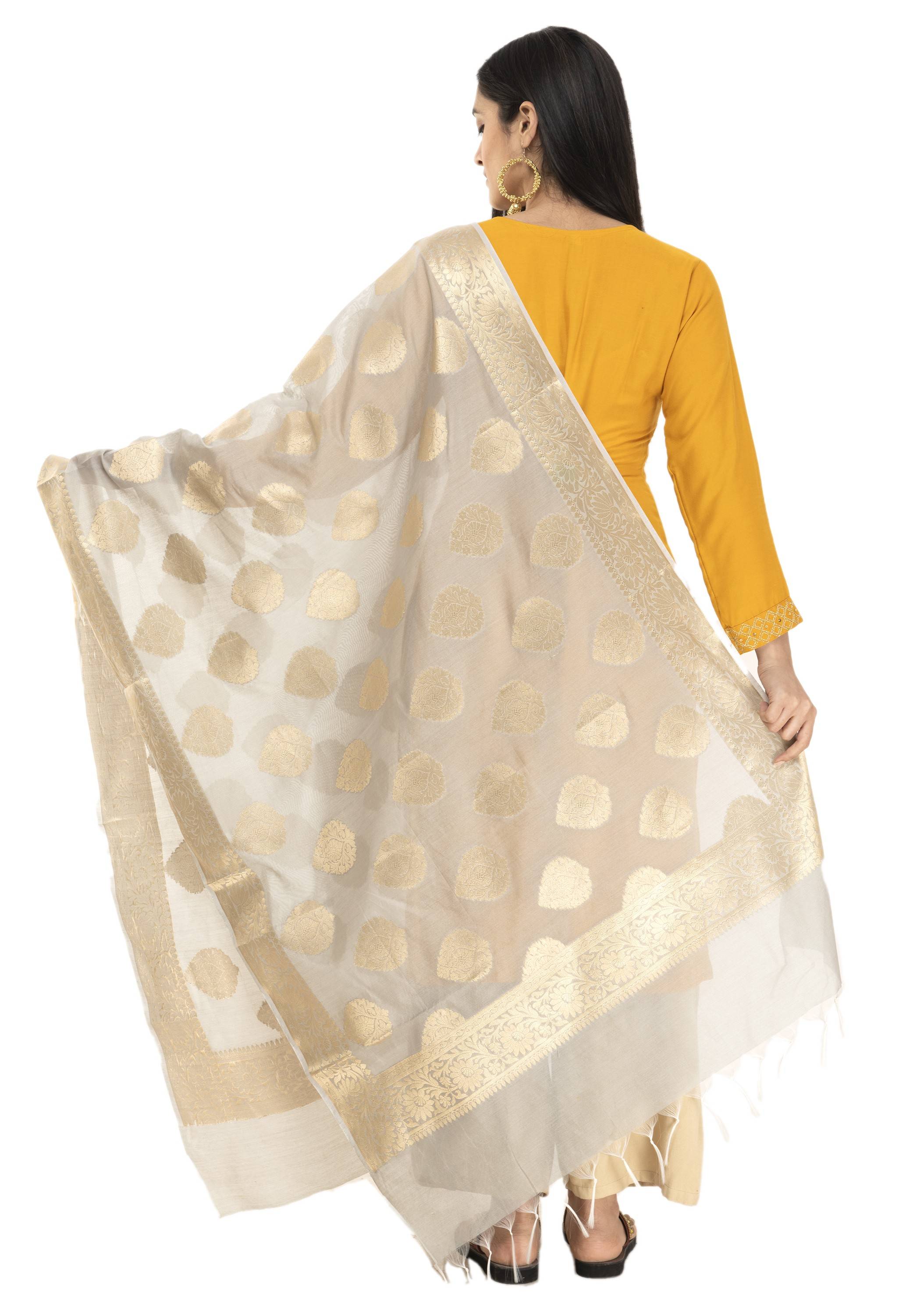 A R Silk Women's Chanderi Cotton Zari Work Light Grey Banarsi Chanderi Dupatta ARS0407
