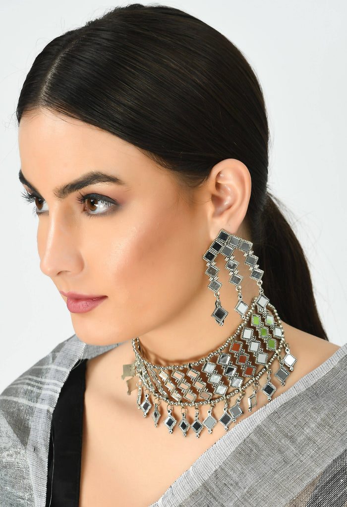 Kamal Johar Traditional design Mirror Necklace with Ear