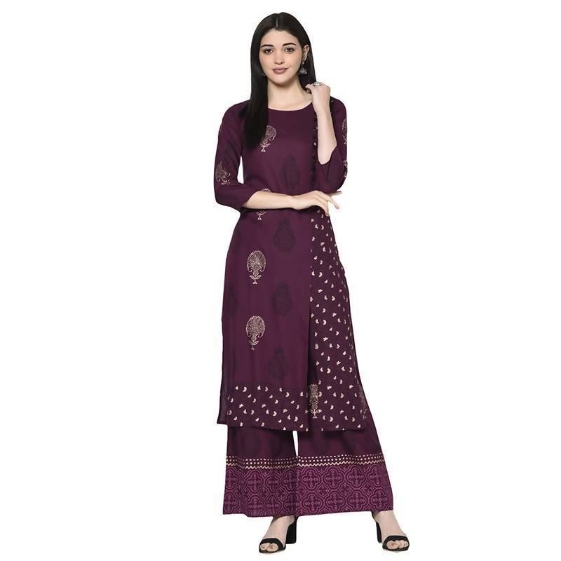 Women's Wine Rayon Block print straight kurta Palzzo set