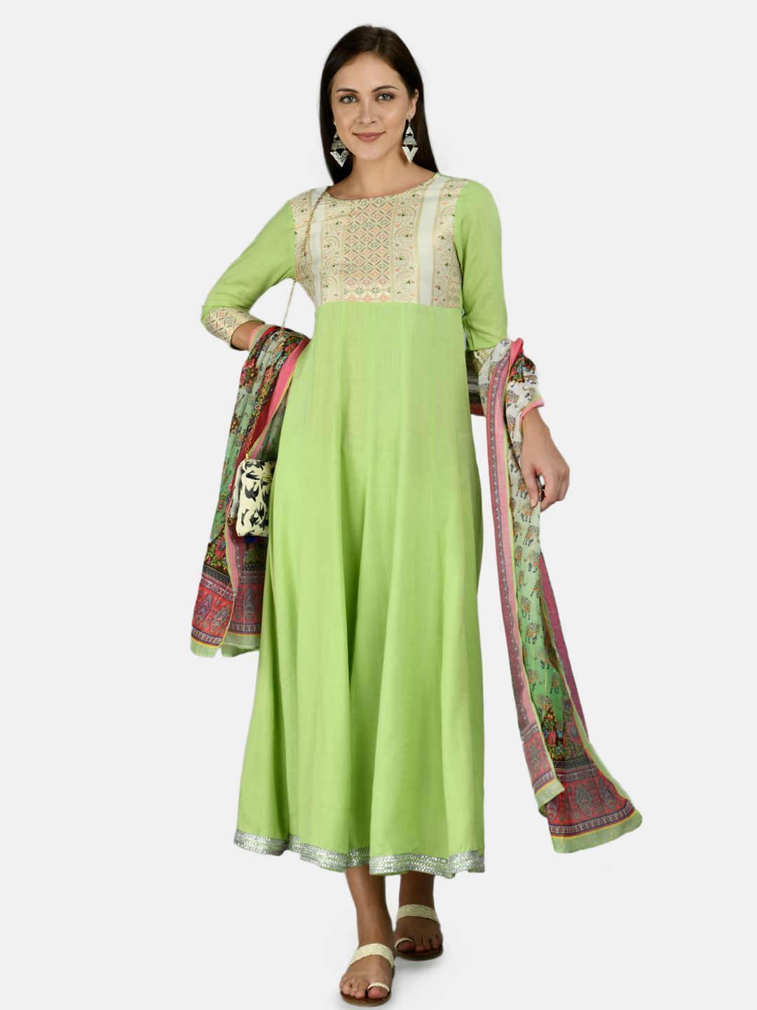 Women's Green Rayon Printed 3/4 Sleeve Round Neck Casual Anarkali Dupatta Set - Myshka