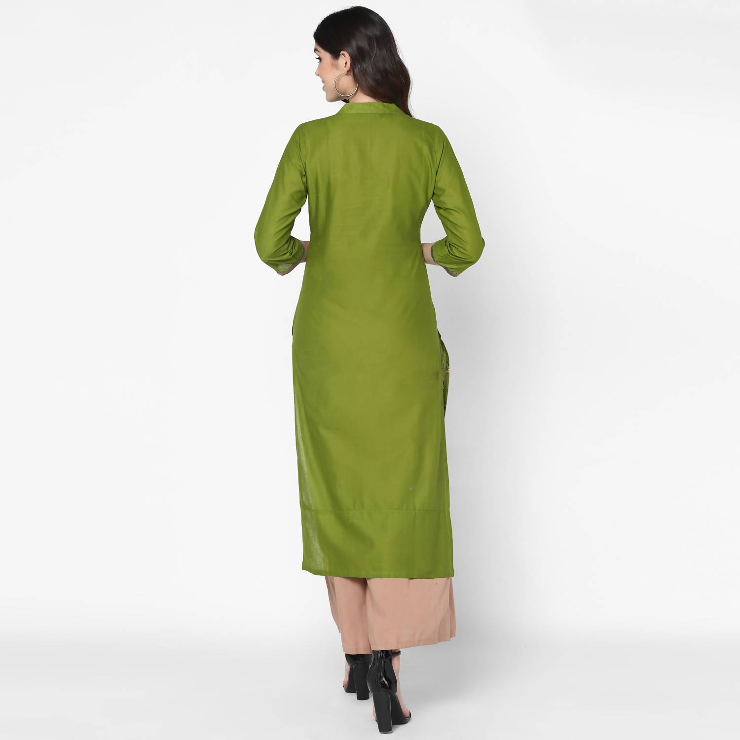 Women's Olive Green & Skin Color Cotton Hand Block Print Straight Kurta With Palazzo Set - Cheera