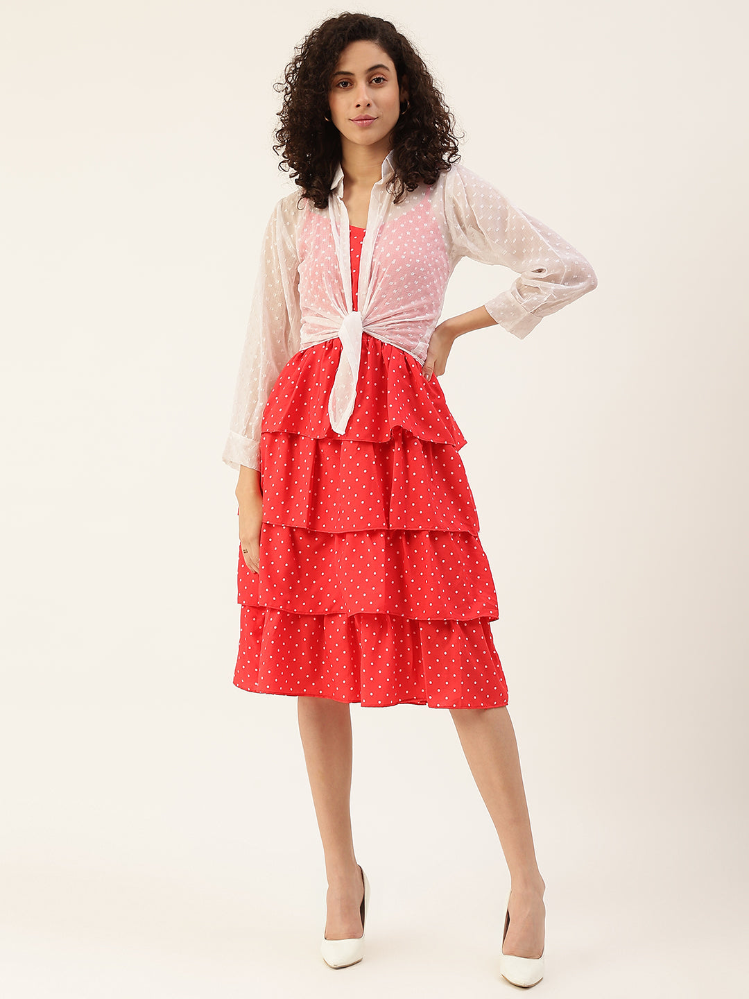 Women's Red Color Chiffon Self Design A-Line Layered Dress - Vaaba