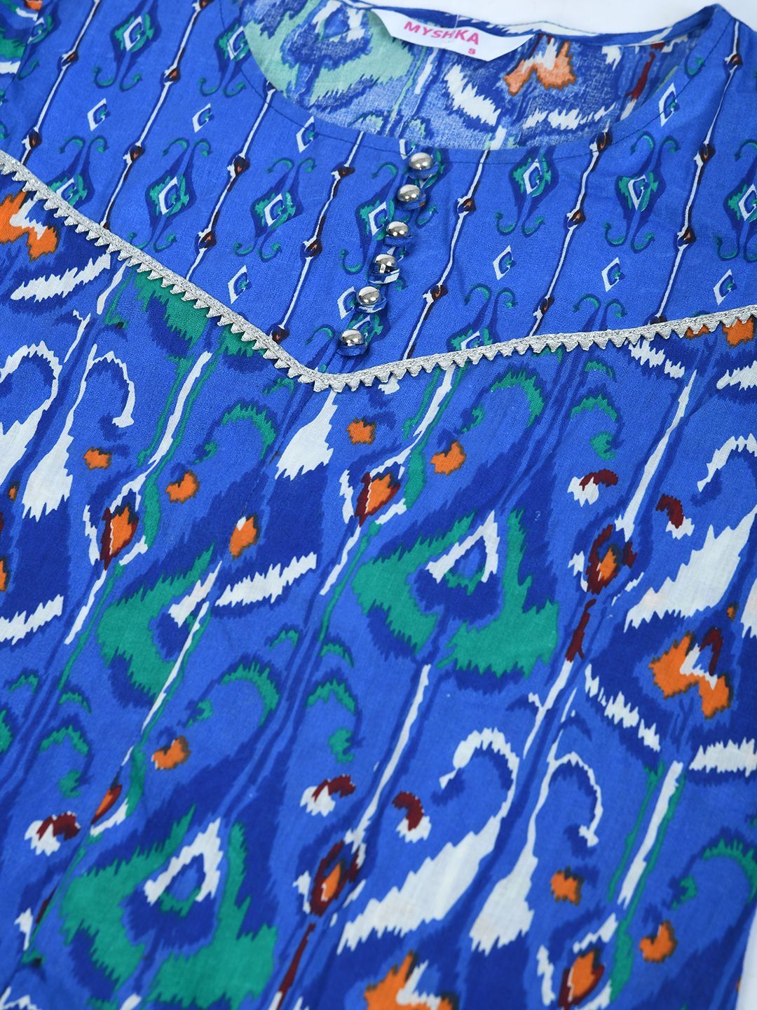 Women's Blue Cotton Printed 3/4 Sleeve Round Neck Casual Kurta Pant Set - Myshka