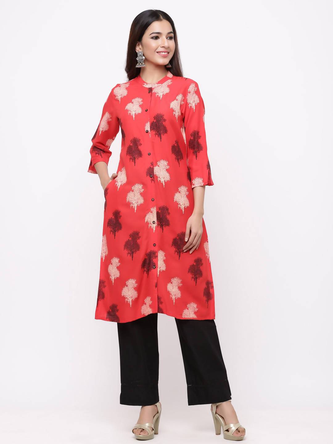 Buy_Women's_Red_Rayon_Printed_A-Line_Front-Open_Kurta_Online_Trendia