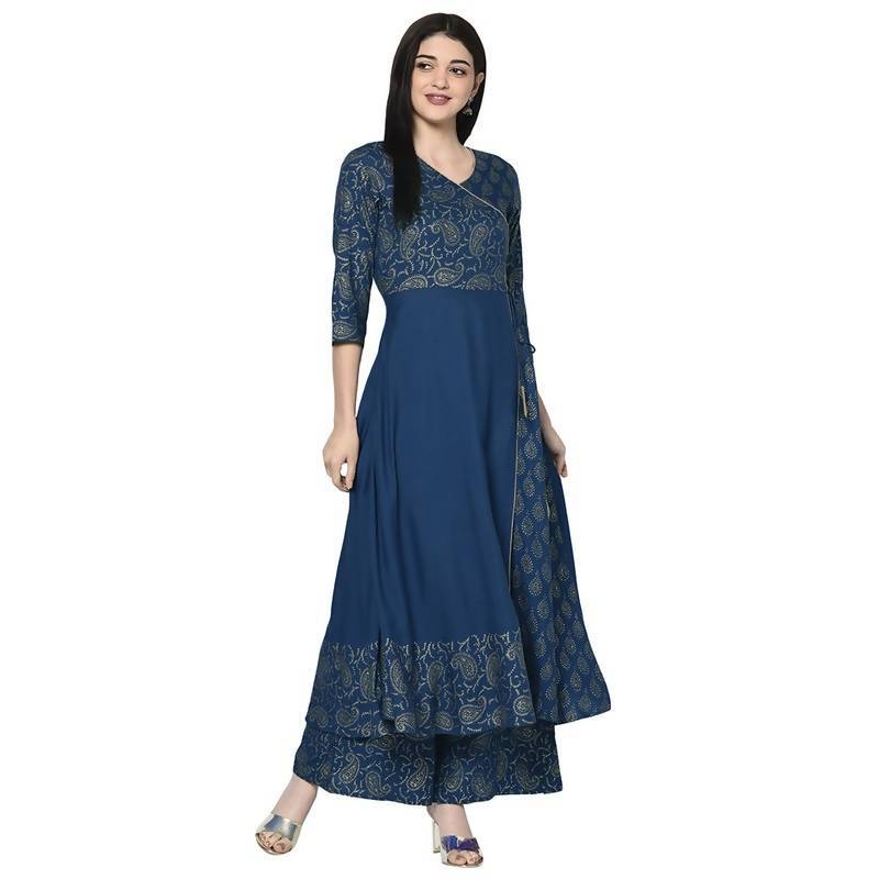 Women's Blue Rayon Foil print Angrakha Anarkali Kurta