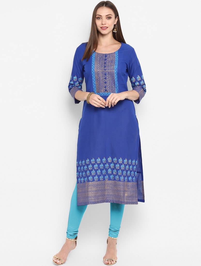 Women's Blue Printed Straight Kurta - Wahe-Noor