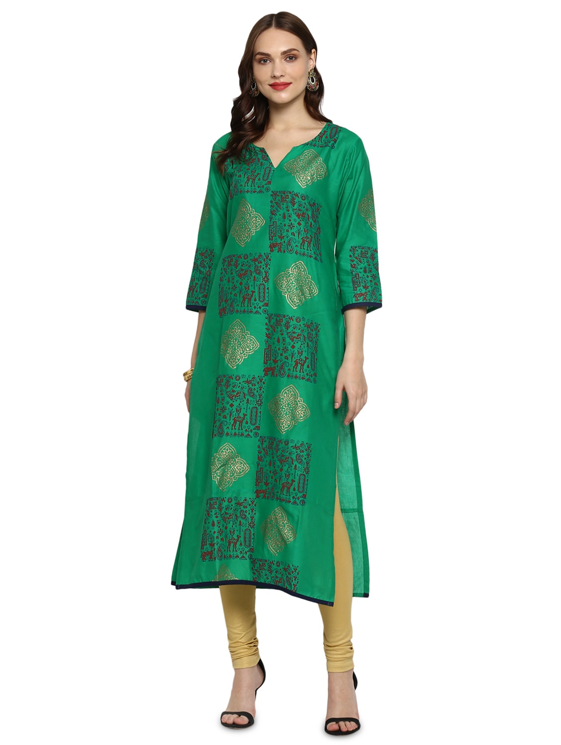 Women's Green Printed Straight Kurta - Wahe-Noor