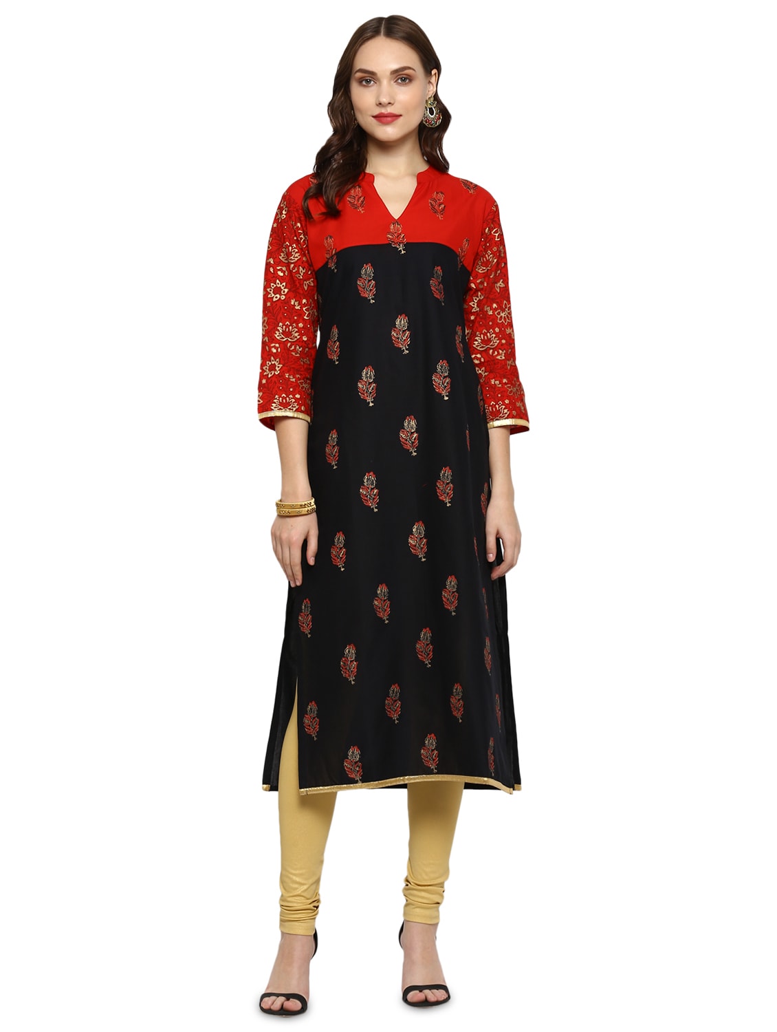 Women's Black & Red Floral Straight Kurta - Wahe-Noor