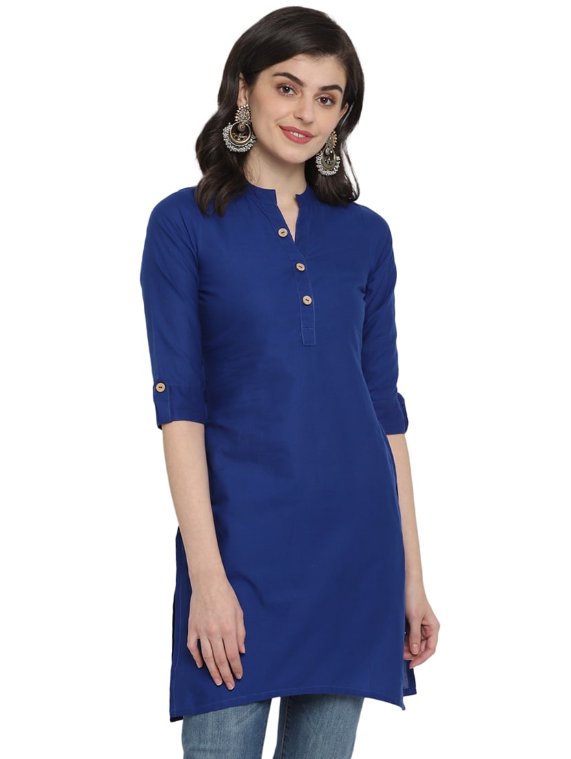 Women's Blue Solid Cotton Straight Kurta - Wahe-Noor