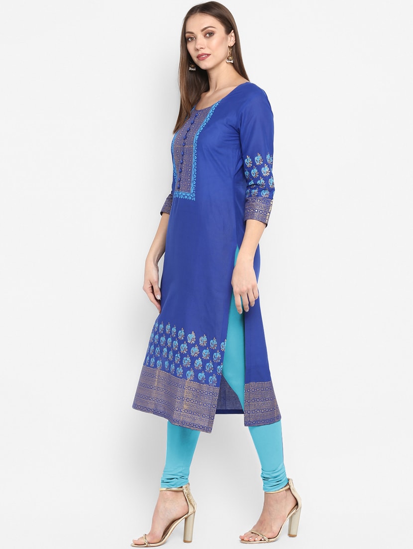 Women's Blue Printed Straight Kurta - Wahe-Noor