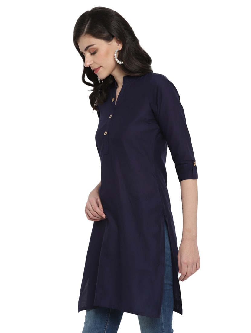 Women's Navy Blue Solid Cotton Straight Kurta - Wahe-Noor
