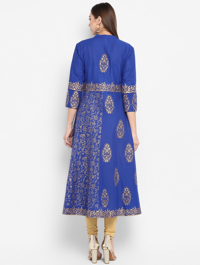 Women's Blue & Golden Block Print Anarkali Kurta - Wahe-Noor
