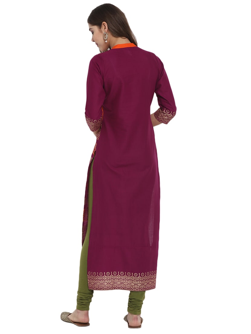 Women's Purple Printed Straight Kurta - Wahe-Noor
