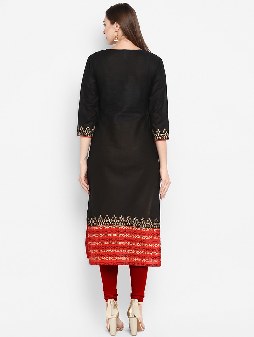 Women's Black Printed Straight Kurta - Wahe-Noor