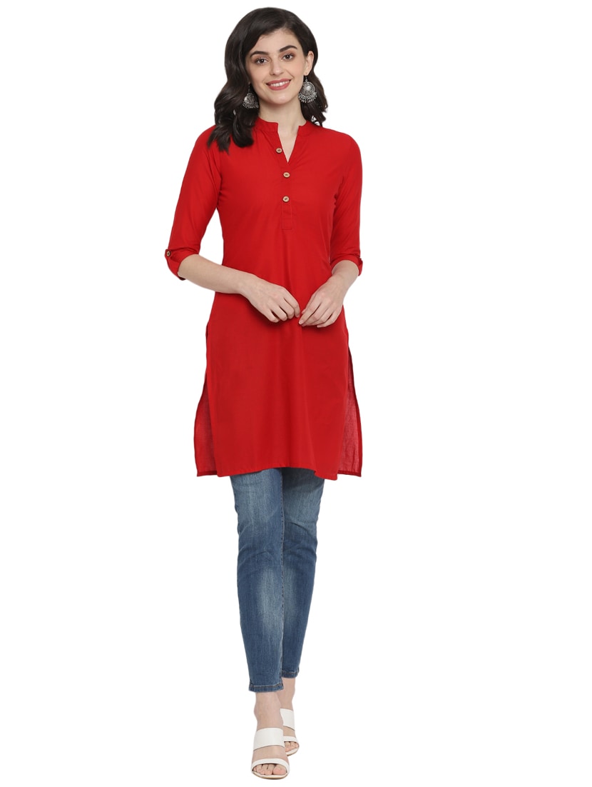 Women's Red Solid Cotton Straight Kurta - Wahe-Noor