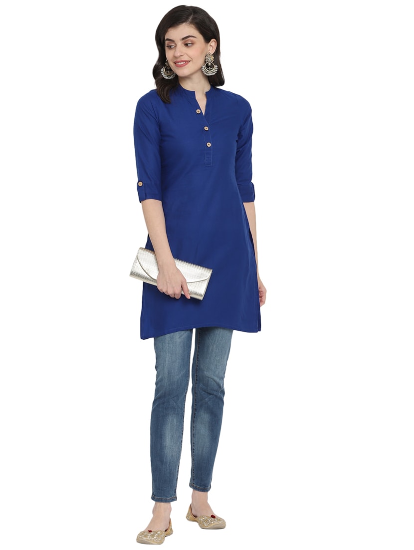 Women's Blue Solid Cotton Straight Kurta - Wahe-Noor