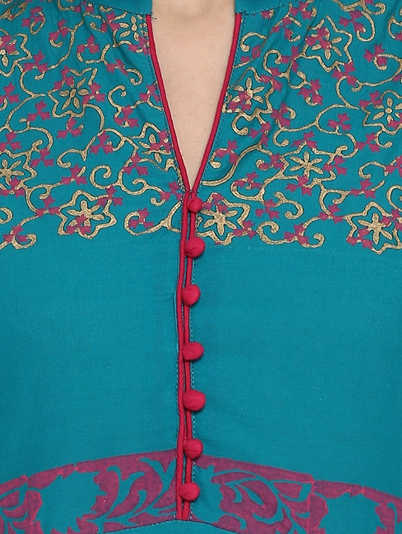 Women's Turquoise Block Print Anarkali Kurta - Wahe-Noor