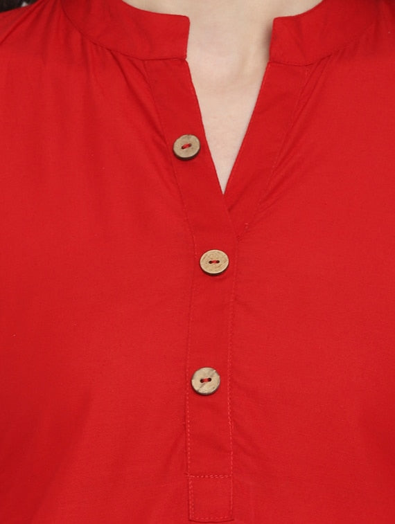 Women's Red Solid Cotton Straight Kurta - Wahe-Noor
