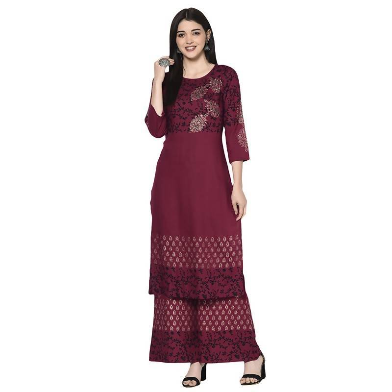 Women's Maroon Rayon Block print straight kurta Palazzo set